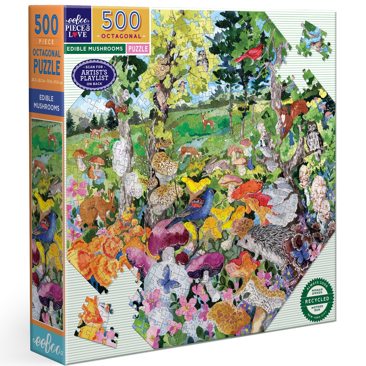 eeBoo Piece & Love: Edible Mushrooms - 500 Piece Puzzle - Adult Octagonal Jigsaw, 20.3"x"20.3", Includes Image Reference Insert, High-Quality Pieces